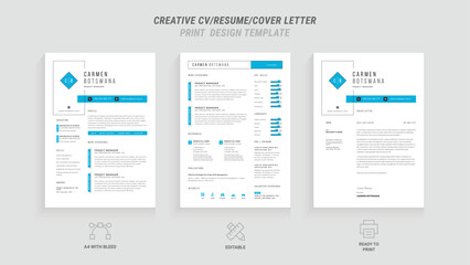 Professional Resume and Cover Letter Template Set: Clean Minimalist Design with Turquoise and Blue Border, Perfect for Job Applications, Includes Resume Layout and Letterhead Design pack