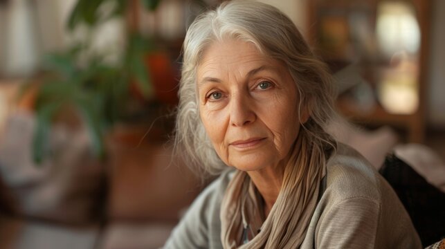 Serious senior woman in casual indoor portrait promoting retirement and elderly healthcare