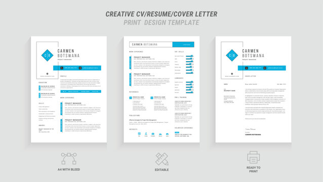Professional Resume and Cover Letter Template Set: Clean Minimalist Design with Turquoise and Blue Border, Perfect for Job Applications, Includes Resume Layout and Letterhead Design pack