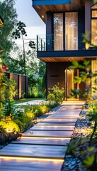 Obraz premium Modern residential garden illuminated pathway with ambient lighting, enhancing landscape design