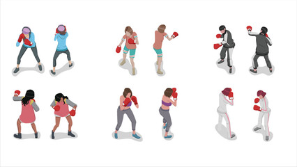 isometric set of woman people practice boxing and punching pose activity