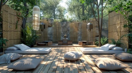 A serene outdoor meditation space with a wooden deck, comfortable floor cushions, bamboo partitions, and a small water fountain.