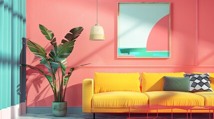 A living room with pop art decor, vibrant colors, and abstract artwork.