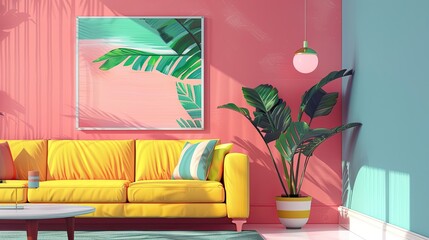 A living room with pop art decor, vibrant colors, and abstract artwork.