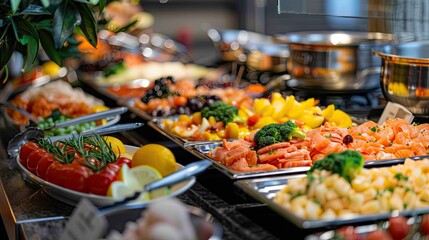 Obraz premium Close-up, varied food at the buffet of a five-star hotel.