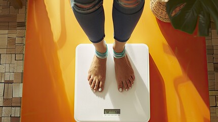 Woman stands on a bathroom scale.