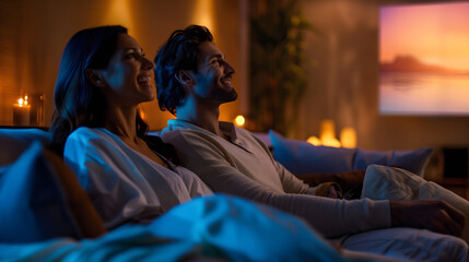 Fototapeta na wymiar Couple Enjoying Movie Night at Home