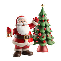 3D Santa Claus holding a bell and standing next to a Christmas tree on transparent background. The tree is green and has red ornaments on it