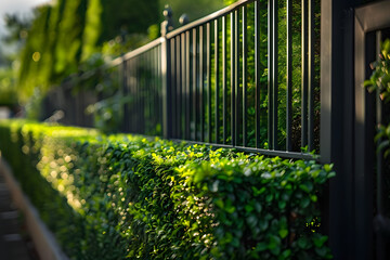 Green hedge Metal Fence of residential house luxury