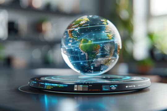Holographic projection of earth is spinning above futuristic device - Powered by Adobe
