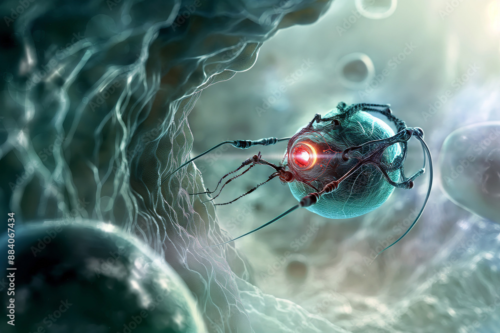 Poster a close-up view of a single nanorobot navigating through human tissue, showcasing its intricate desi