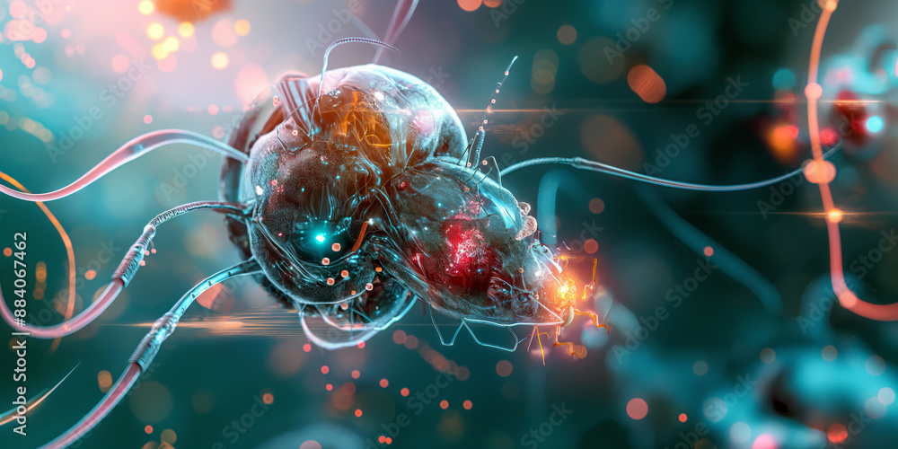 Poster a close-up view of a single nanorobot navigating through human tissue, showcasing its intricate desi