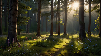 Obraz premium A tranquil forest scene with sunlight filtering through tall, majestic trees onto a carpet of wildflowers with copy space