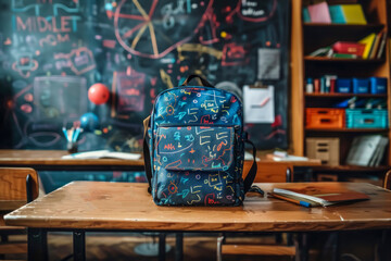 A colorful school backpack filled with school supplies stands on a wooden table in a classroom on a chalkboard background with mathematical formulas and diagrams.
