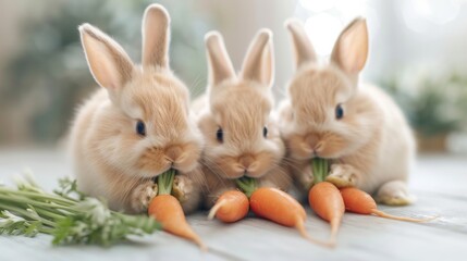 Obraz premium Three adorable baby rabbits enjoying fresh carrots in a bright, natural setting. A perfect image for themes of nature, cuteness, and pets.