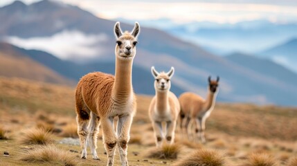 Obraz premium Three llamas standing in a scenic mountain landscape with mist and rolling hills in the background, showcasing natural beauty and wildlife.