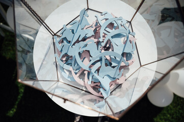 Large-scale photo zone made of white balloons and large letters at a gender party.