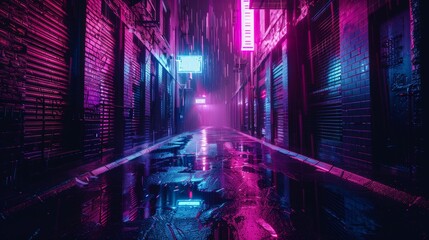 Gloomy alley showcasing vibrant neon lights in a realistic cyberpunk city environment