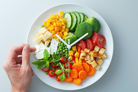 Conceptual image of healthy nutrition and diet plan with clock made of vegetables and cheese
