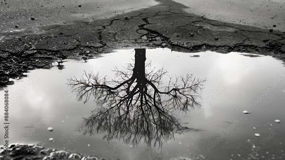 Aufkleber the fragmented reflection of a tree in a puddle producing an almost kaleidoscopic effect. black and 