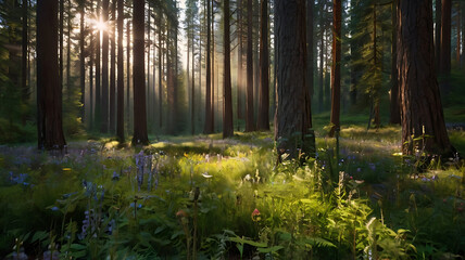 Fototapeta premium A tranquil forest scene with sunlight filtering through tall, majestic trees onto a carpet of wildflowers with copy space