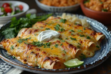 A vibrant plate of chicken enchiladas topped with melted cheese, garnished with fresh cilantro and a drizzle of sour cream, served with a side of Mexican rice and refried beans.