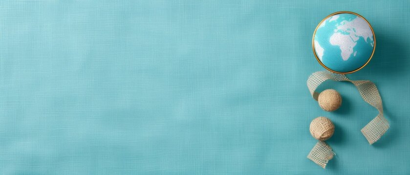 Top view of globes and travel essentials on a teal background, representing travel and exploration concepts with ample copy space.