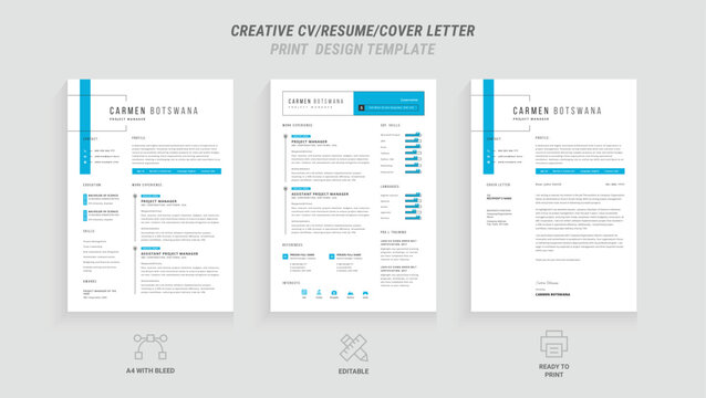 Professional Resume and Cover Letter Template Set: Clean Minimalist Design with Turquoise and Blue Border, Perfect for Job Applications, Includes Resume Layout and Letterhead Design pack