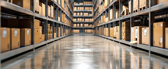 Large distribution warehouse interior with high racks full of cardboard boxes