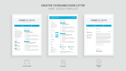 Professional Resume and Cover Letter Template Set: Clean Minimalist Design with Turquoise and Blue Border, Perfect for Job Applications, Includes Resume Layout and Letterhead Design pack