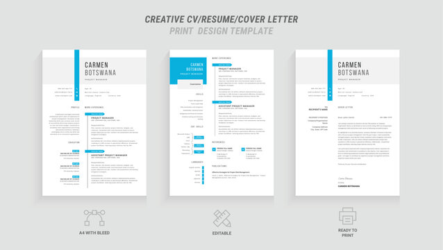 Professional Resume and Cover Letter Template Set: Clean Minimalist Design with Turquoise and Blue Border, Perfect for Job Applications, Includes Resume Layout and Letterhead Design pack