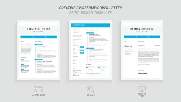 Professional Resume and Cover Letter Template Set: Clean Minimalist Design with Turquoise and Blue Border, Perfect for Job Applications, Includes Resume Layout and Letterhead Design pack