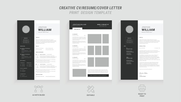 Multipurpose Clean Modern Resume and Cover Letter Design Template with Gray Header/Footer, Ideal for Business Job Applications, Minimalist CV Layout, Vector Graphic for Professional Resume