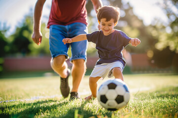 Father and son playing soccer together in the park. Shallow depth of field