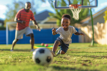 Obraz premium African american father and son playing soccer together in the park. Shallow depth of field
