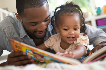 Obraz premium A loving father shares a joyful moment reading a book with his delighted young daughter, fostering family bonds and early learning