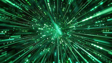 Naklejka premium green neon light streaks radiating from the center technology big data and bots
