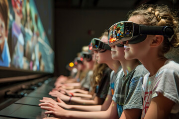 group of students working with holographic displays and smart tables. A classroom filled with cutting-edge technology such as interactive walls and digital textbooks.