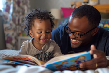 African american father shares a joyful moment reading a book with his delighted child, fostering family bonds and early learning