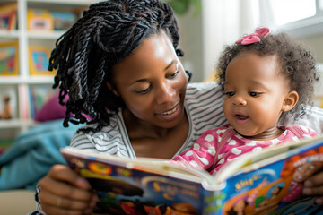 Obraz premium African american mother and little daughter enjoying a book reading together at home. Shallow depth of field