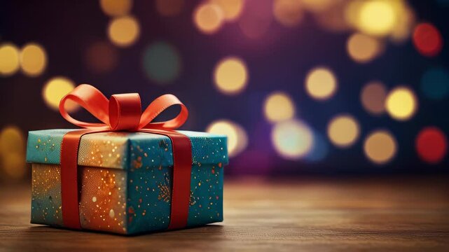 Blue gift box with red bow against a festive backdrop of gold bokeh lights. Copy space template animation. Christmas holidays concept