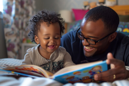 African american father shares a joyful moment reading a book with his delighted child, fostering family bonds and early learning