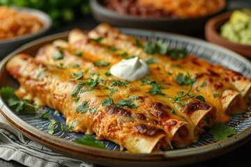 A vibrant plate of chicken enchiladas topped with melted cheese, garnished with fresh cilantro and a drizzle of sour cream, served with a side of Mexican rice and refried beans.