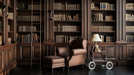 A sophisticated library with dark wood bookshelves, a rolling ladder, and a comfortable armchair with a reading lamp, exuding an old-world charm.