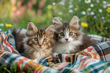 Two Adorable Kittens Resting on a Blanket in a Flowery Meadow