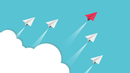 Red and White paper airplanes leader flying together on blue sky with cloud background