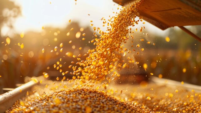 Harvester pouring corn maize or soybeans into trailer in afternoon sunlight, closeup realistic shot
