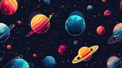 Colorful planets and stars in outer space create a vibrant cosmic scene