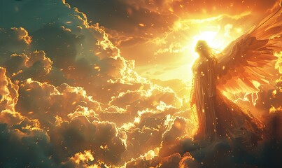 An angel flies in the clouds, its wings spread wide.