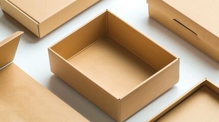 Collection of Empty Brown Packaging Boxes for Branding and Logo Promotion on White Surface